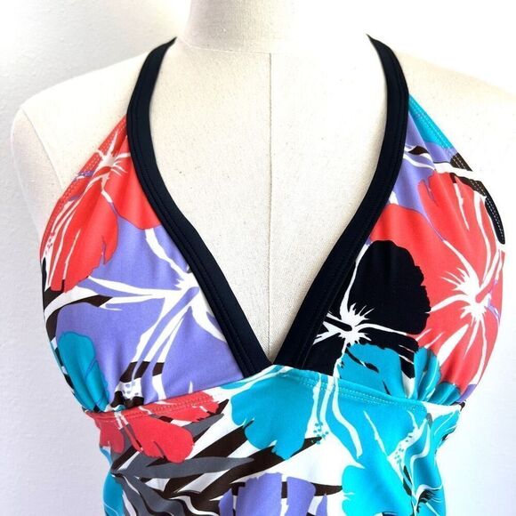 Magellan Sportswear Tropical Floral Tankini Top Size Small Orange Purple and Blu - Picture 2 of 7